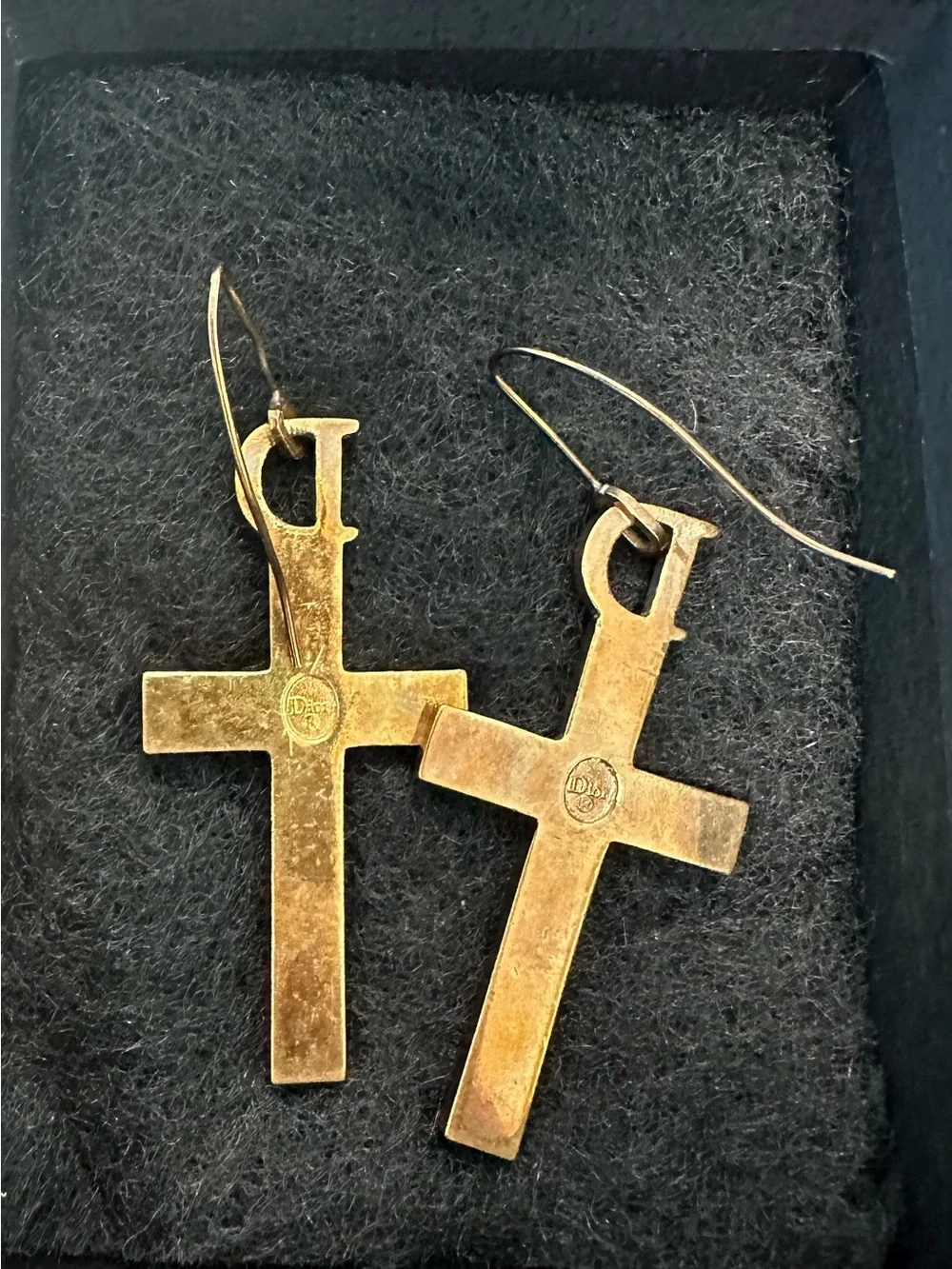 Dior Gold Crystal Cross Drop Earrings with 'D' Charm
